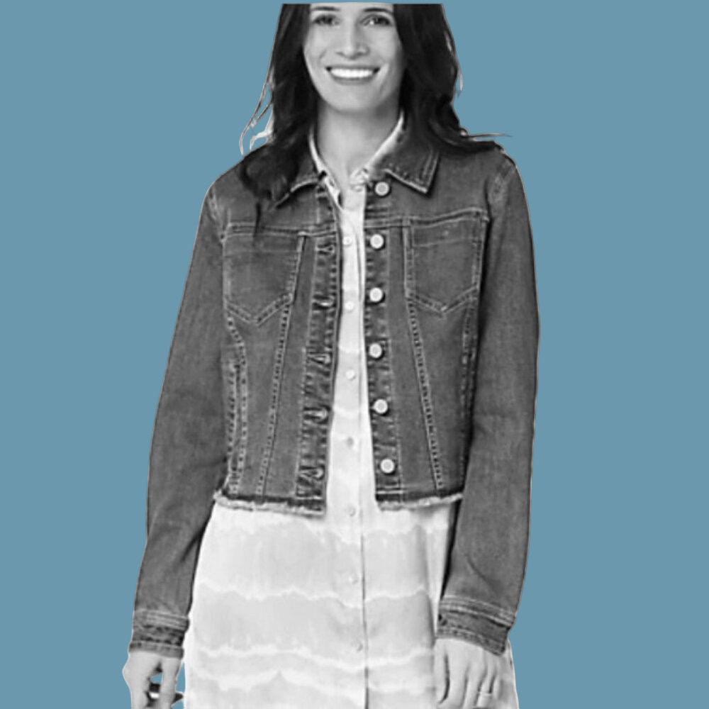 Susan Graver Gray Stretch Denim Jacket L with Frayed Hem - Picture 2 of 14